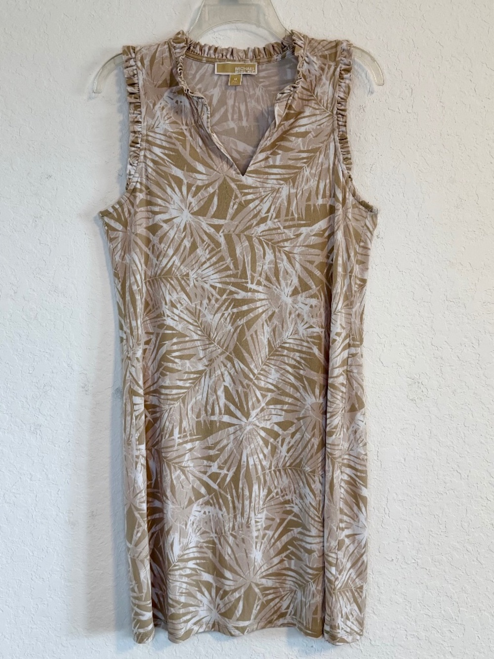 Michael Kors Sleeveless Ruffle Neck Tropical Leaf Dress, Size M